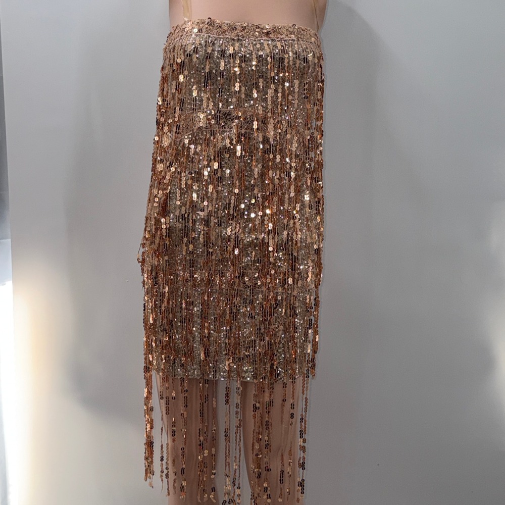 Hot & Delicious M Rose Gold Sequin Fringe Disco Party Glam Festival EDM Y2K Rave